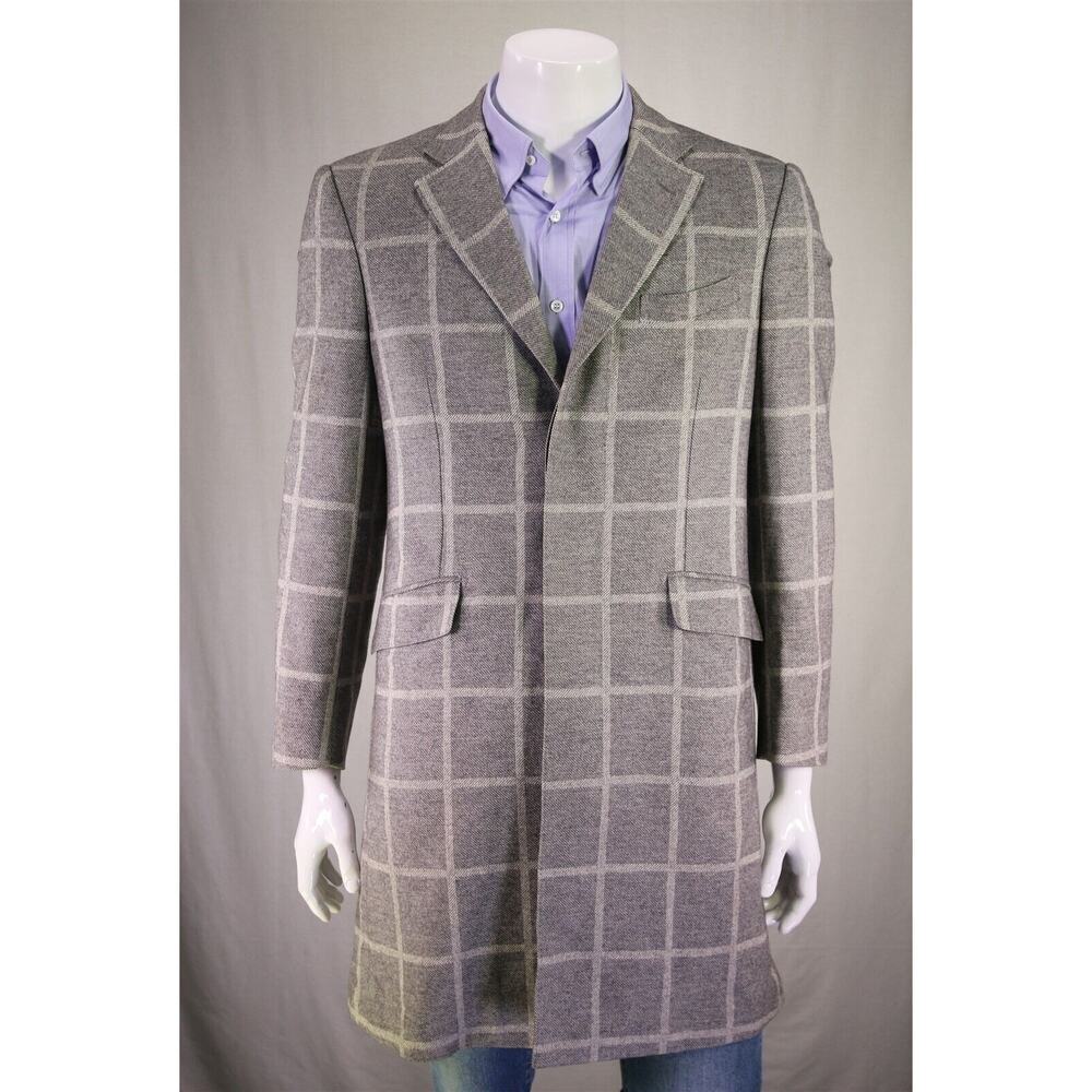 Richard James Gray/White Windowpane 3-Btn Wool Overcoat Coat 38R